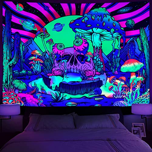 Alishomtll Schwarzlicht Pilz Wandteppich UV Skelett Wandtuch, Fluoreszenz Schädel Kaktus Sonne Wandbehang Pflanzen Sternenhimmel Aesthetic Wandteppich Schlafzimmer Wohnheim, 210x150cm von Alishomtll