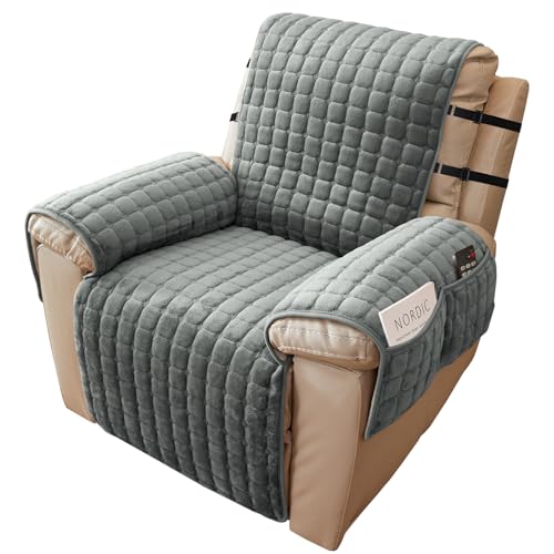 Alishomtll Sesselschoner für Relaxsessel Relaxsofa, 3 Sitzer Fernsehsessel Armlehne Sesselauflage, Anti-Rutsch Kratzfest Sesselüberzug mit 4 Taschen und 2 Verstellbaren Riemen, 167x190cm, Grau von Alishomtll