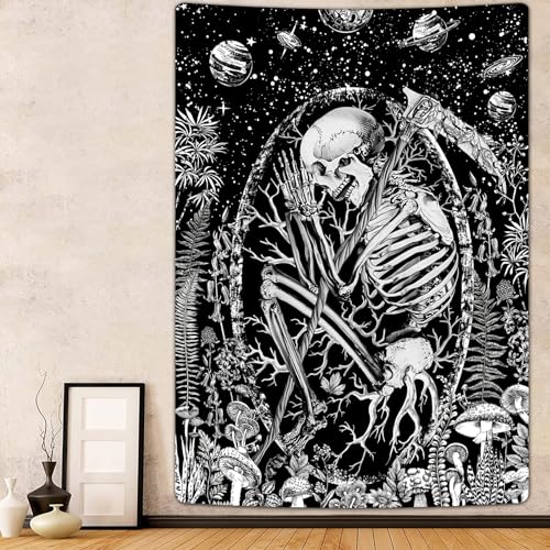 Alishomtll Skelett Wandteppich, Menschlicher Schädel Mondphase Wandteppich, Schwarz und Weiß Wandtuch, Pilz Baum Ästhetischen Stil Gothic Wandbehang, Schlafzimmer Home Decor Tapestry, 210x150cm von Alishomtll