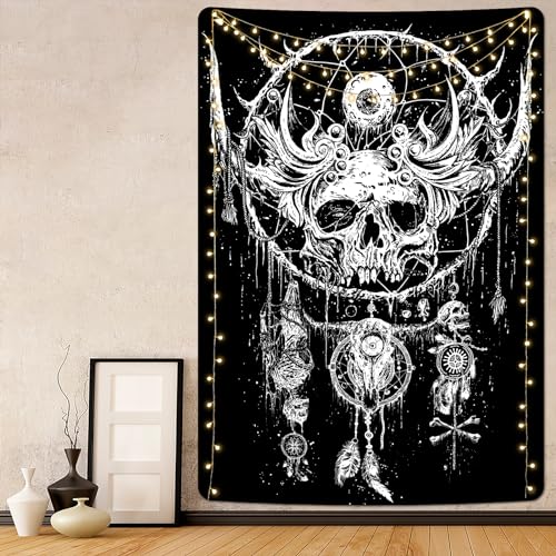 Alishomtll Skull Wandteppich, Human Skull Dreamcatcher Wandbehang, Schwarz und Weiß Wandteppich, Ästhetischer Stil Hippie Gothic Wandtuch, Schlafzimmer Home Decor Tapestry, 150x130cm von Alishomtll