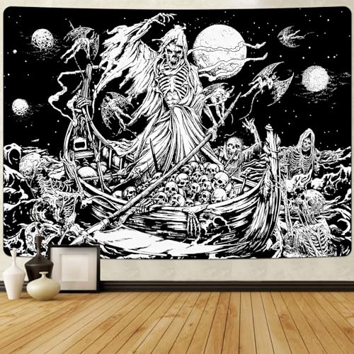 Alishomtll Skull Wandteppich, Menschlicher Schädel Mondphase Wandteppich, Schwarz und Weiß Wandtuch, Wave Boat Ästhetischer Stil Hippie Gothic Tapestry, Schlafzimmer Home Decor, 210x150cm von Alishomtll