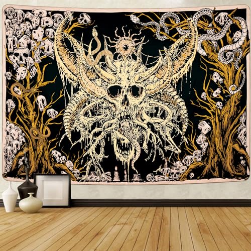 Alishomtll Skull Wandteppich, Menschlicher Schädel Schlange Wandbehang, Schwarz und Gelb Baum Wandteppich, Ästhetischer Stil Hippie Gothic Wandtuch, Schlafzimmer Home Decor Tapestry, 150x130cm von Alishomtll