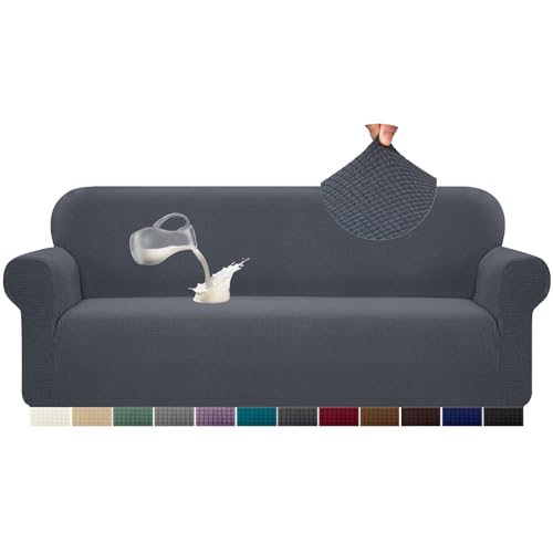 Alishomtll Sofa Überzug 4 Sitzer Stretch Sofabezug Universal Wasserdicht Couch Überzug Sofaüberwürfe Elastische Jacquard Couchbezug rutschfest Sofaschoner für Hunde Katzen (230-300cm, Dunkelgrau) von Alishomtll