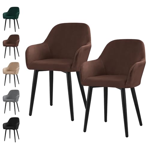 Alishomtll Stretch Samt Stuhlhussen 2er Set Universal Sesselbezug Stuhlbezug mit Armlehnen Abnehmbare Waschbar Esszimmerstühle Bezug für Küche Esszimmer Bankett Hochzeit Party (Braun, 2 Stück, Large) von Alishomtll