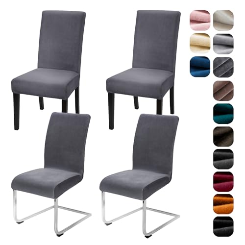 Alishomtll Stretch Samt Stuhlhussen 4er/6er Set Velvet/Velour Stuhlbezug Schwingstuhl Elastische Hussen Waschbarer Stühle Schutz für Küche Restaurant Hotel Bankett Hochzeit (Grau, 4 Stück) von Alishomtll