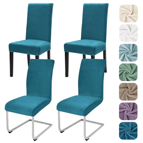 Alishomtll Stretch Samt Stuhlhussen 4er Set Stuhlbezug Schwingstuhl Elastische Hussen Waschbarer Abnehmbar Stühle Schutz für Küche Restaurant Hotel Bankett Hochzeit (Pfaublau, 4 Stück) von Alishomtll