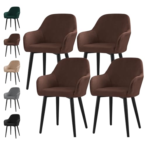 Alishomtll Stretch Samt Stuhlhussen 4er Set Universal Sesselbezug Stuhlbezug mit Armlehnen Abnehmbare Waschbar Esszimmerstühle Bezug für Küche Esszimmer Bankett Hochzeit Party (Braun, 4 Stück) von Alishomtll