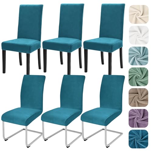 Alishomtll Stretch Samt Stuhlhussen 6er Set Stuhlbezug Schwingstuhl Elastische Hussen Waschbarer Abnehmbar Stühle Schutz für Küche Restaurant Hotel Bankett Hochzeit (Pfaublau, 6 Stück) von Alishomtll