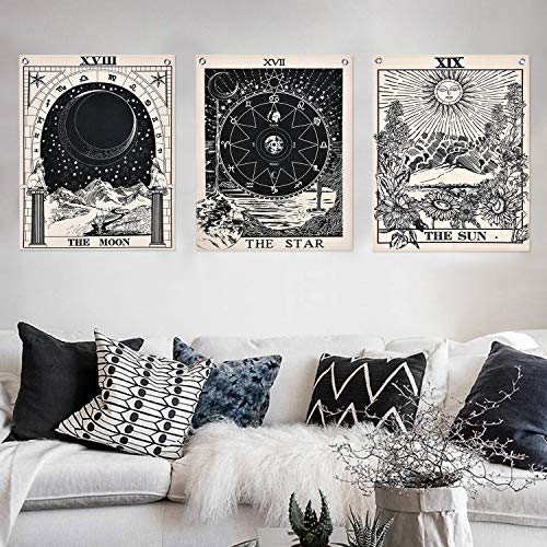 Alishomtll Tarot Wandbehang, Wandteppich Set, Sonne Mond und Stern Wandtuch mit Nägel, Schwarz und Weiss Baumwollleinen, 30 x 40 cm von Alishomtll