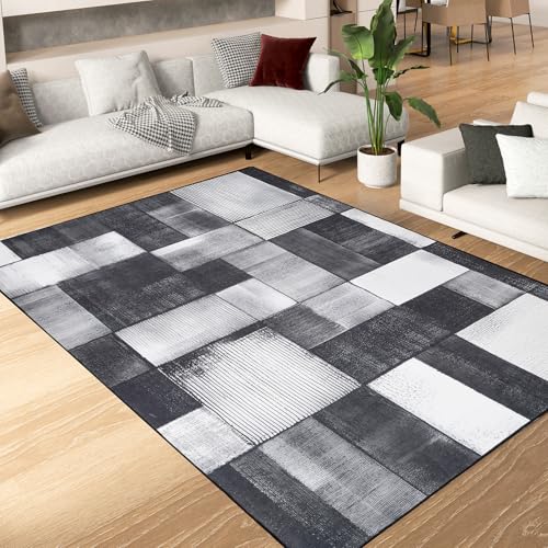 Alishomtll Teppich Wohnzimmer Schlafzimmer Waschbar Kurzflor Anti-Rutsch TPR Unterseite Langlebig Robuster Polyester Teppich Rechteckig Pflegeleicht, Schwarz Grau 140x220 cm von Alishomtll