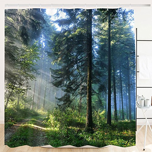 Alishomtll Wald Duschvorhang, Grün Antischimmel Duschvorhänge Textil Wasserdicht Shower Curtains Badewanne Waschbar mit 12 Haken, 120x180 cm von Alishomtll