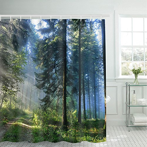 Alishomtll Wald Duschvorhang, Grün Antischimmel Duschvorhänge Textil Wasserdicht Shower Curtains Badewanne Waschbar mit 12 Haken, 180x200 cm von Alishomtll