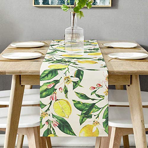 Alishomtll Zitrone Frühling Tischläufer Sommer Gelb Grün Zitrone Baum Tischläufer rechteckige Blumen Blätter Hitzebeständig rutschfest Tischtuch für Esstisch Party Bankett 180x35cm von Alishomtll