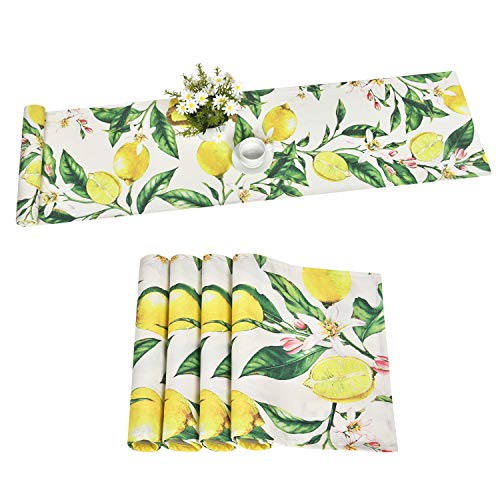 Alishomtll Zitrone Frühling Tischläufer und Tischsets Set, Gelb Grün Zitrone Baum abwaschbar Tischläufer 1pc 180x35cm, Blumen Blätter Anti Rutsch Platzsets 4pcs 45x30cm für Esszimmer Party Bankett von Alishomtll