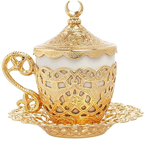 Alisveristime (1 x türkische Kaffeetasse – traditionelles Design mit Halbmond-Motiv, Porzellantasse und Untertasse für türkischen, griechischen, arabischen Kaffee und Espresso (Gelincik) (Gold) von Alisveristime