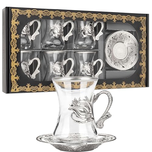 Alisveristime (6-teiliges türkisches Teeservice mit Tulpenmotiven und goldfarbenen Gläsern und Zamak-Untertassen – elegantes Servierset (Tulpen-Stil) (Silber) von Alisveristime