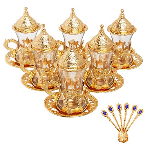 Alisveristime (Set mit 6 handgefertigten türkischen Tee-Wasser-Zamzam-Servierset-Gläsern, Untertasse und Löffel(Gold) von Alisveristime