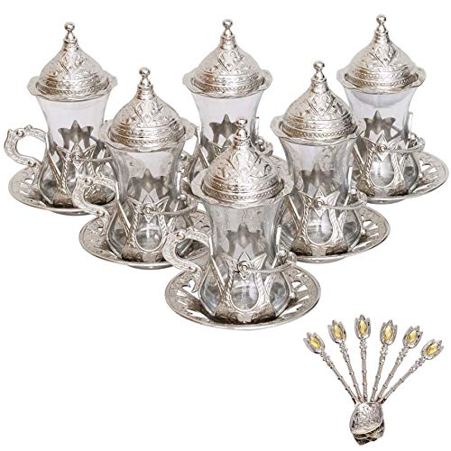 Alisveristime (Set von 6 handgefertigten türkischen Tee Wasser Zamzam Servierset Gläser Untertasse und Löffel (Silber) von Alisveristime