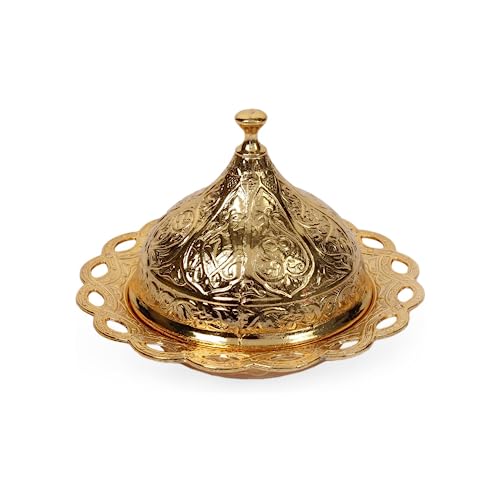 Alisveristime Beschichtete handgefertigte Messing-Schale für Zucker, Schokolade, Süßigkeiten, Servierschale mit Deckel, Salzschale, Kaffeebar, Zuckerhalter (Kubbeli) (Gold) von Alisveristime