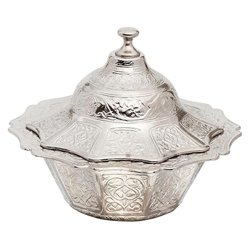 Alisveristime Beschichtete handgefertigte Messing Zucker Schokolade Süßigkeiten Servierschale mit Deckel Zuckerdose Zuckerdose mit Deckel Salzdose Salzbehälter Zuckerhalter für Kaffeebar (Silber) von Alisveristime