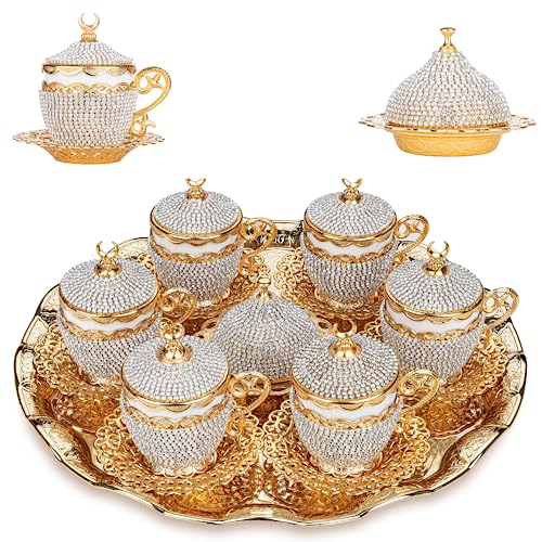 Alisveristime Ottomane, türkisch-griechisch-arabische Kaffee-Espressotassen-Untertasse, Kristall-Set (Gelincik), handgefertigt, traditionelles Set mit Hilal-Motiven (Gold), 27-teilig von Alisveristime