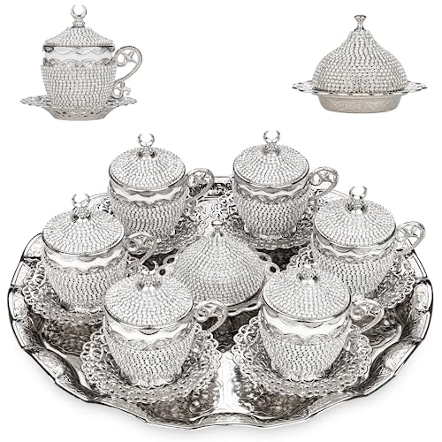 Alisveristime Gelincik, Ottomane, türkisch, griechisch, arabisch, Kaffee, Espresso, Serviertassen und Untertassen, Kristall-Set (Gelincik), handgefertigt, traditionelles Set mit Hilal-Motiven (Silber) von Alisveristime