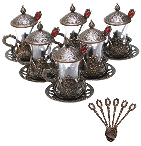 Alisveristime Handgefertigtes türkisches Teeglas-Set – traditionelle türkische Motive, 6 Stück mit Deckel und Bonus Teelöffel (Kupfer) von Alisveristime