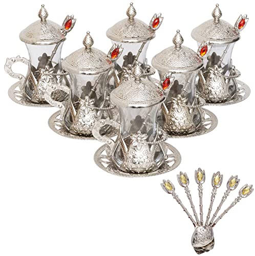 Alisveristime Handgefertigtes türkisches Teeglas-Set – traditionelle türkische Motive, 6 Stück mit Deckel und Bonus Teelöffel (Silber) von Alisveristime