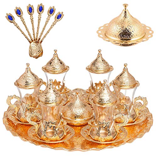 Alisveristime Handgefertigtes türkisches Teewasser Zamzam Servierset Gläser Untertasse, Tablett und Löffel (Gold) von Alisveristime