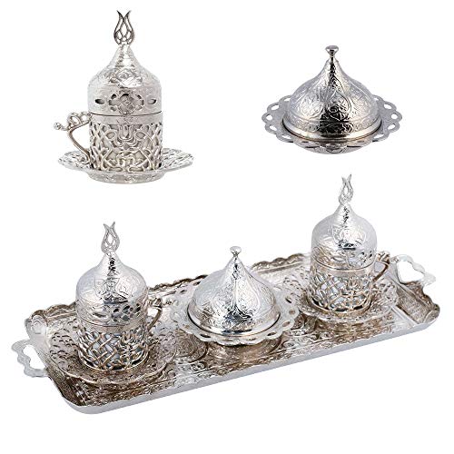 Alisveristime Ottomane Türkisch Griechisch Arabisch Espresso Kaffeetassen mit Untertasse und Deckel (Set von 2) (Acur) (Silber) von Alisveristime