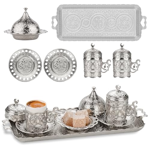 Alisveristime Ottomane Türkisch Griechisch Arabisch Espresso Kaffeetassen mit Untertasse und Deckel (Set von 2) (Hilal) (Silber) von Alisveristime