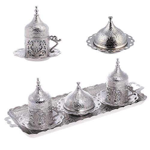 Alisveristime Ottomane türkische griechische arabische Espressotassen mit Untertasse und Deckel (2 Stück) (Lale) (Silber) von Alisveristime