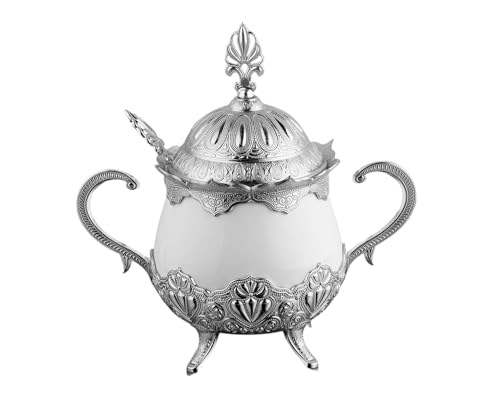 Alisveristime Türkische Zuckerdose aus Porzellan mit Zamak-Metallakzenten und Löffel, elegante, osmanisch inspirierte dekorative Zuckerdose (15 x 10 x 10 cm) (Silber) von Alisveristime