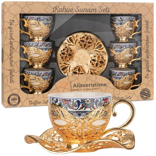Alisveristime Türkisches Kaffee-Set für 6 Personen, Topkapi-Design, Porzellantassen mit Zamak-Haltern und Untertassen, zwei Farbvarianten: Gold und Silber (Topkapi-Design) (Gold) von Alisveristime