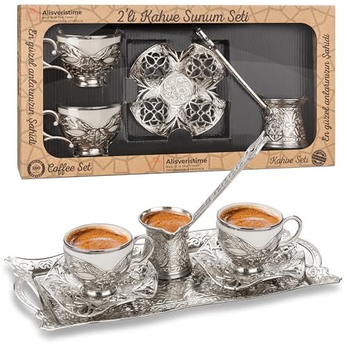 Alisveristime Türkisches Kaffeeset für Zwei, 2 weiß vergoldete Porzellantassen mit Zamakhaltern und Untertassen, Metalltablett, Lale Motiv Zamac Kaffeekanne (weiß vergoldet) (Silber) von Alisveristime