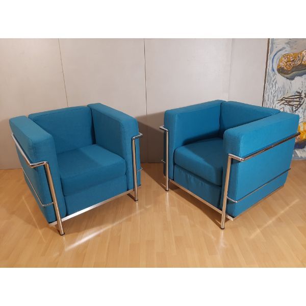 LC2 Sessel Set aus türkisfarbenem Stoff von Le Corbusier, Charlotte Perriand und Pierre Jeanneret, Alivar von Alivar