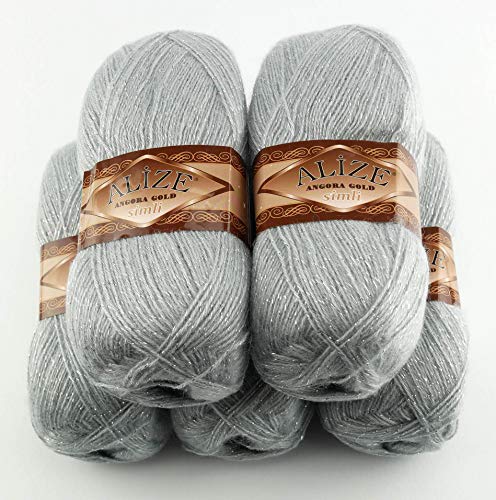 5 x 100 g Alize Glitzerwolle, Effektwolle einfarbig, 500 Gramm Metallic - Wolle mit 20% Woll-Anteil (grau 21) von Emny