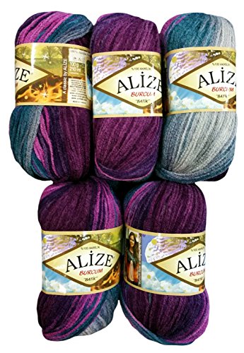Alize Burcum Batik 5 x 100 Gramm Wolle Mehrfarbig mit Farbverlauf, 500 Gramm Strickwolle (berre Oliv grau u.a. 3366) von Alize Burcum Batik
