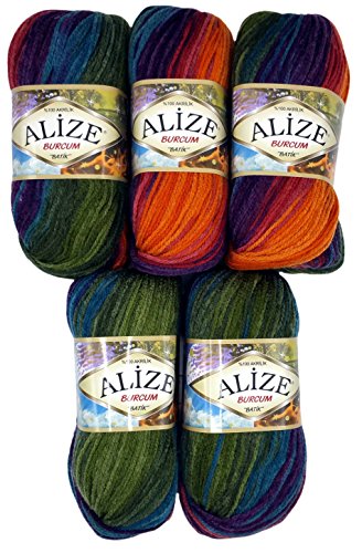 Alize Burcum Batik 5 x 100 Gramm Wolle Mehrfarbig mit Farbverlauf, 500 Gramm Strickwolle (lila orange blau u.a. 4827) von Alize Burcum Batik