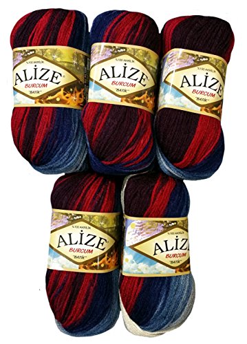 Alize Burcum Batik 5 x 100 Gramm Wolle Mehrfarbig mit Farbverlauf, 500 Gramm Strickwolle (rot grau dunkelblau 2978) von Alize Burcum Batik