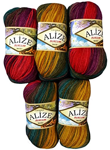 Alize Burcum Batik 5 x 100 Gramm Wolle Mehrfarbig mit Farbverlauf, 500 Gramm Strickwolle (rot lila Ocker u.a. 3368) von Alize Burcum Batik
