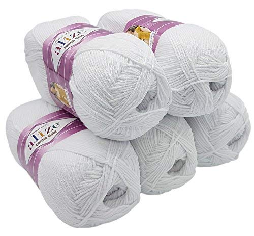 Alize Cotton gold 5 x 100g Strickwolle 55% Baumwolle, 500 Gramm Wolle einfarbig (weiß 55) von Alize