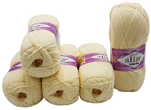 5 x 100g Strickwolle Alize Cotton gold mit 55% Baumwolle, 500 Gramm Wolle einfarbig (creme 01) von Alize