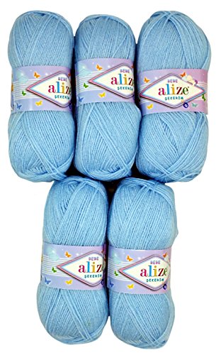 5 x 100g Strickwolle Alize Bebe einfarbig, 500 Gramm Wolle zum Stricken und Häkeln (hellblau 183) von Alize Sekerim Bebe