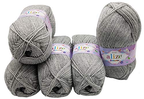 Alize Bebe 5 x 100 Gramm Strickwolle Einfarbig, Strickwolle und Häkeln (grau 21) von ORTCI