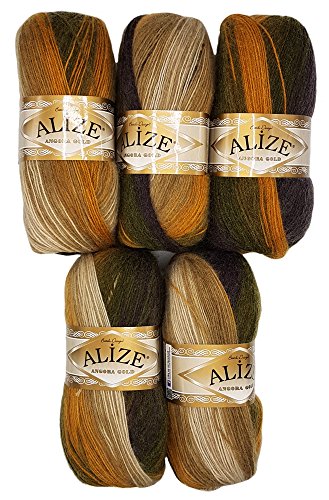 Alize 5 x 100 g Strickwolle Mehrfarbig mit Farbverlauf, 500 Gramm Strickgarn mit 20% Wolle-Anteil (Terra Oliv braun beige 5850) von Alize