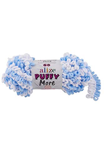 2 x 150 Gramm Alize Puffy More Strickwolle zweifarbig, 300 Gramm Fingerstrick - Wolle super Bulky, Schlaufenwolle, Stricken ohne Nadel (blau weiß 6266) von Alize