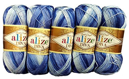 5 x 100 Gramm Alize Batik Wolle mehrfarbig mit Farbverlauf, 500 Gramm merzerisierte Strickwolle Microfiber-Acryl (dunkelblau blau weiß 3282) von Alize