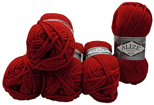 Alize 5 x 100 Gramm Superlana Maxi Wolle, 500 Gramm Strickwolle 75% Acryl 25% Wolle (rot 56) von Alize