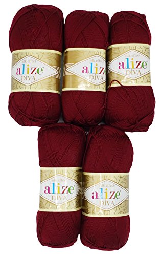 5 x 100 Gramm Wolle Diva Batik einfarbig, 500 Gramm merzerisierte Strickwolle microfiber-Acryl (bordeaux 57) von Alize